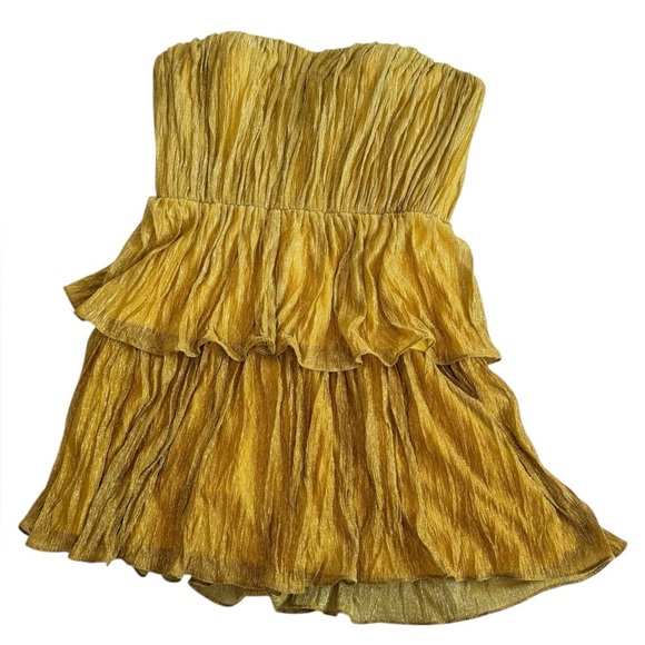 DRESS THE POPULATION Strapless Yellow Dress 
Ombre pleated plisse,  Size S - Picture 4 of 10